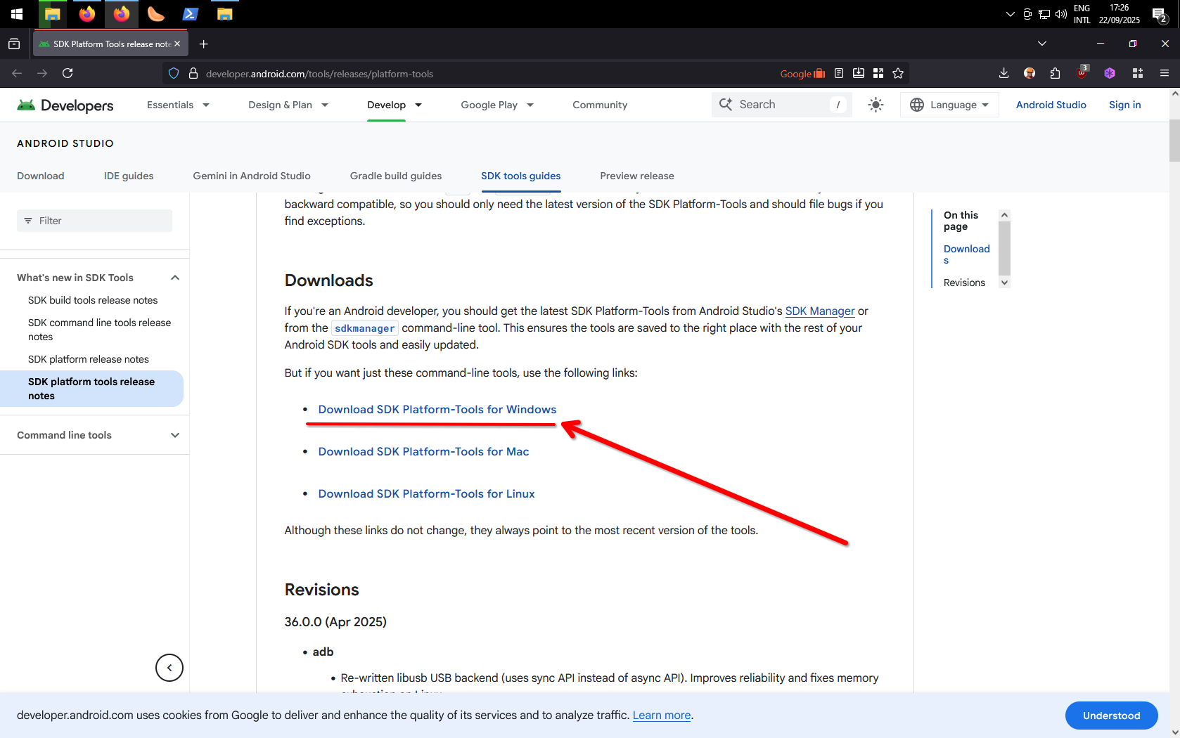 Screenshot of ADB download page