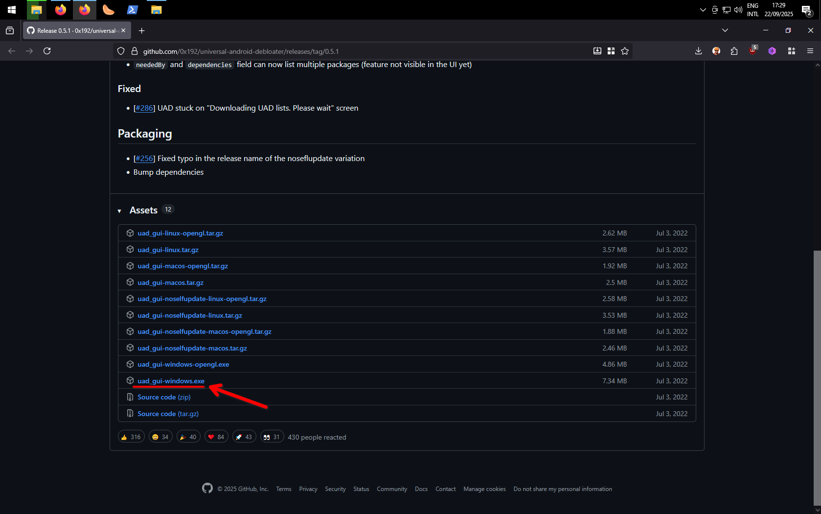 Screenshot of UAD download page
