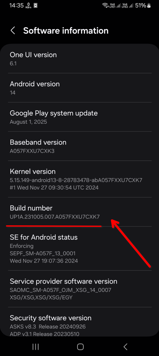 Screenshot of phone software info