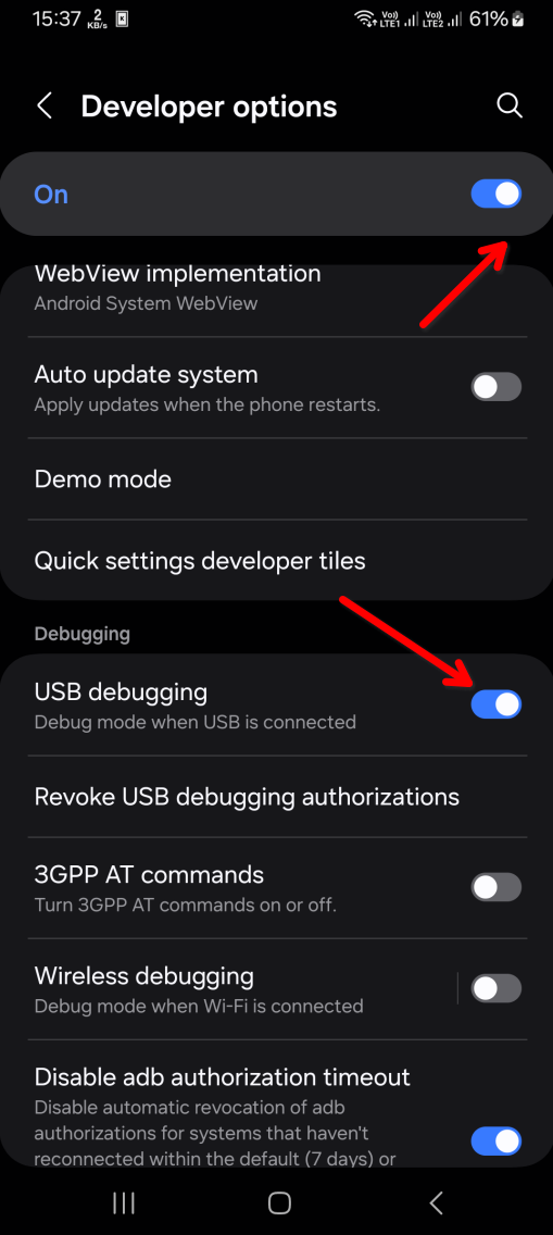 Screenshot of phone dev options